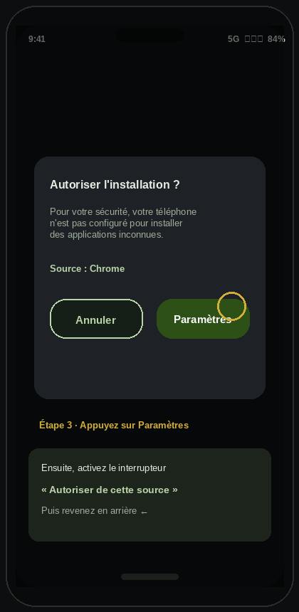 Étape 3 — Dialogue autoriser installation sources inconnues